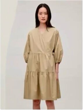 COS New Beige Khaki Wrap Poplin Wrap Tiered Dress